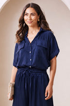 Vittoria Short Sleeve Collared V-Neck Shirt Navy