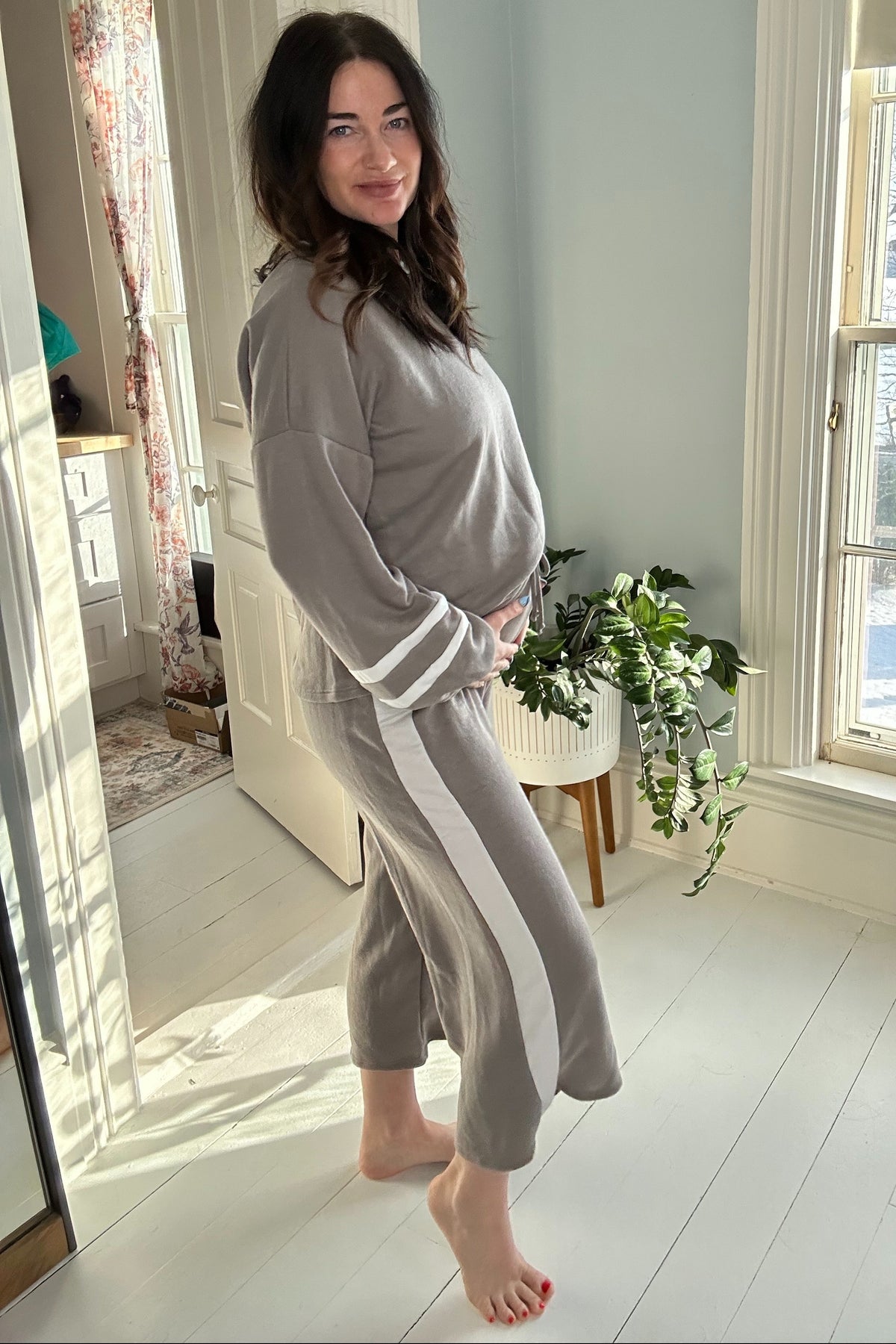 Grey Striped Long Sleeve Maternity Set