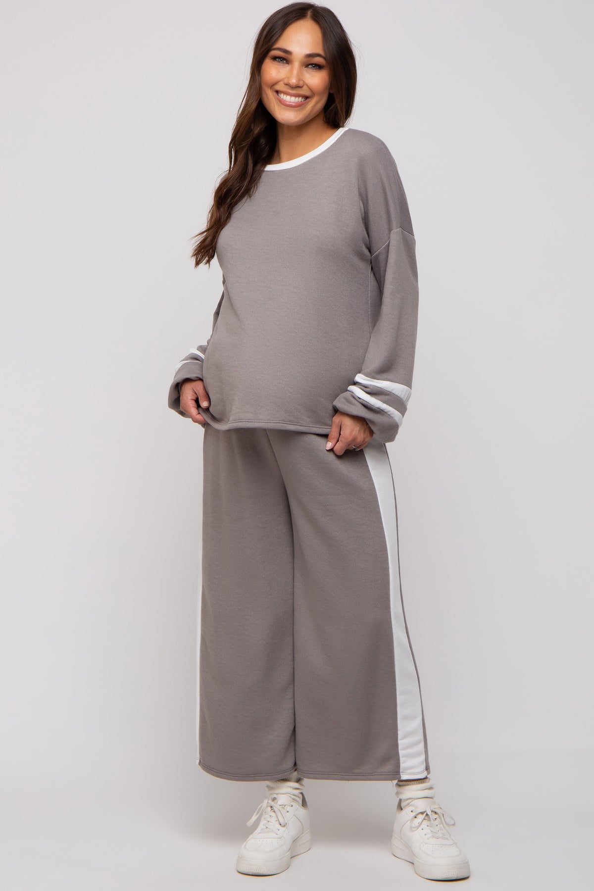 Grey Striped Long Sleeve Maternity Set