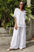 Antonia Wide Leg Linen Sequinned Pants in White