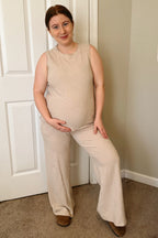 Beige Slub Knit Maternity Pants Set