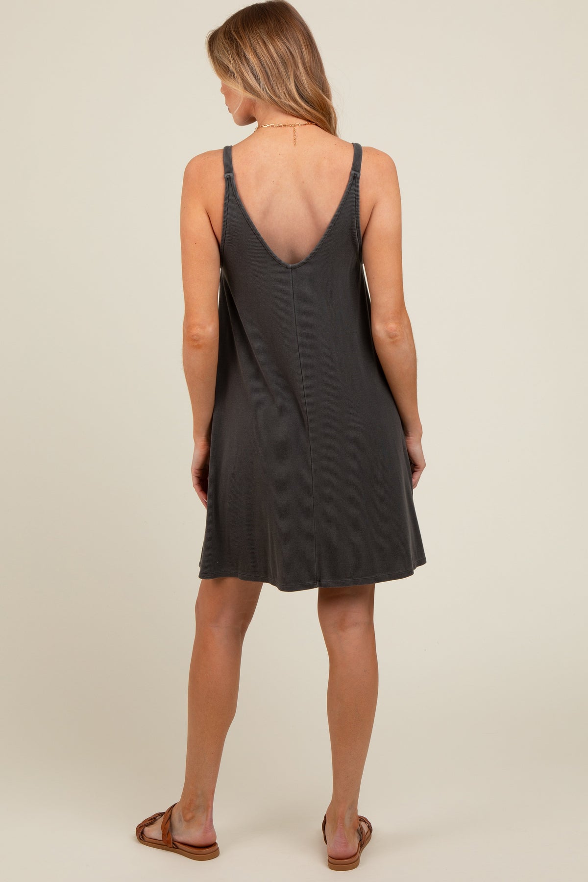 Charcoal Ribbed Sleeveless Front Seam Maternity Dress