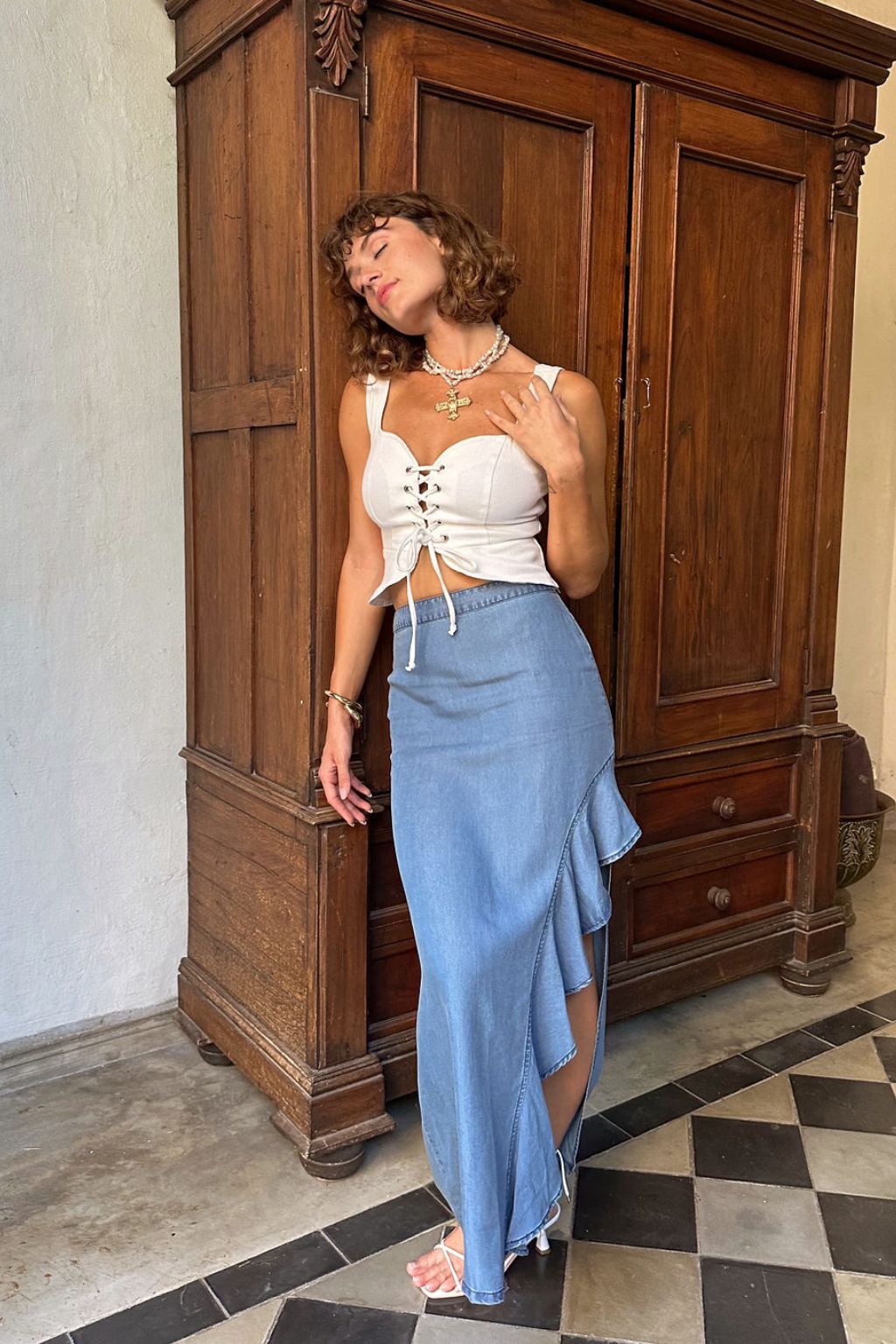Annabelle Denim Ruffle Trim Maxi Skirt
