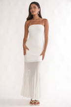 Calluna Strapless Sheer Godet Hem Maxi Dress White