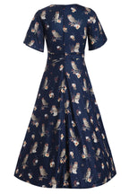 Janice Dark Blue Sleeved Flared Tea Dress In Owl Print