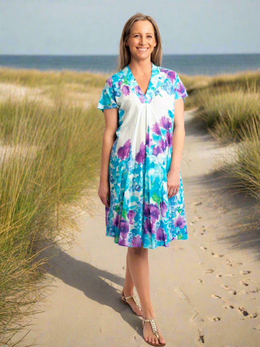 A-line Cap Sleeve Dress in Lilac/Blue on White