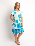 Orpheus Lined Cap Sleeve Dress in Blue Poppy Print