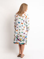Round Neck Knee-length Dress in White Butterfly Print