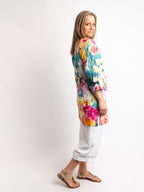 V-neck Long Kurta Style Top in Multi Floral Embroidered Print