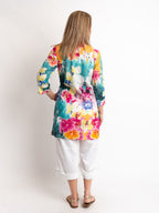 V-neck Long Kurta Style Top in Multi Floral Embroidered Print
