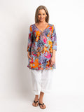 V-neck Long Kurta Style Top in Blue Grey Tropical