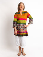Pleated Long V-neck Top in Fiesta Print