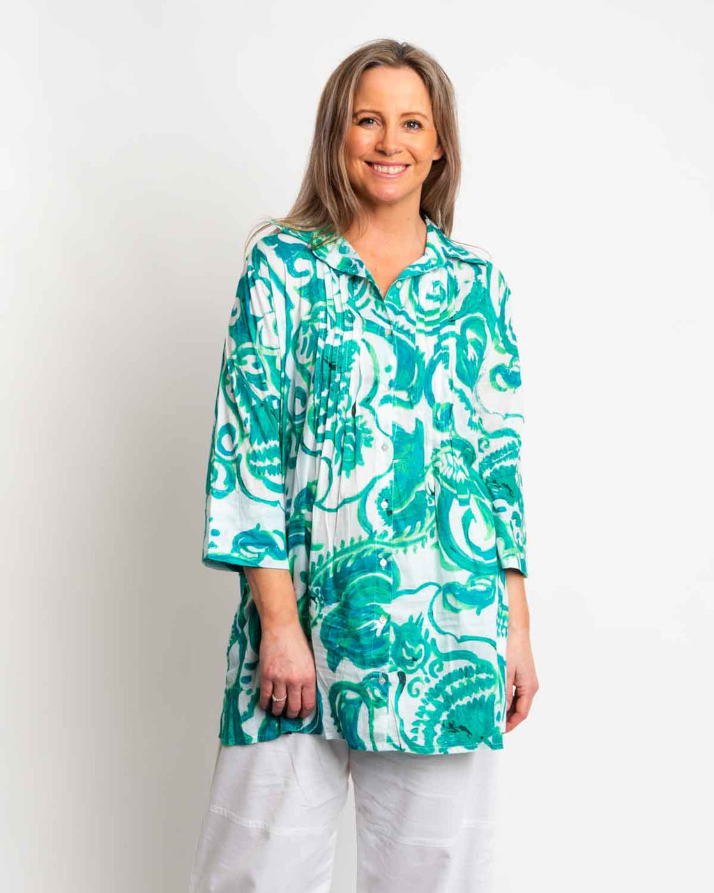 Long Collared Pleated Shirt in Green Swirl