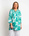 Long Collared Pleated Shirt in Green Swirl