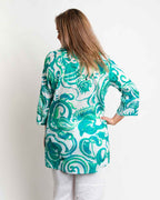 Long Collared Pleated Shirt in Green Swirl