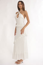 Clemence Smocked Frill Trim Maxi Dress White