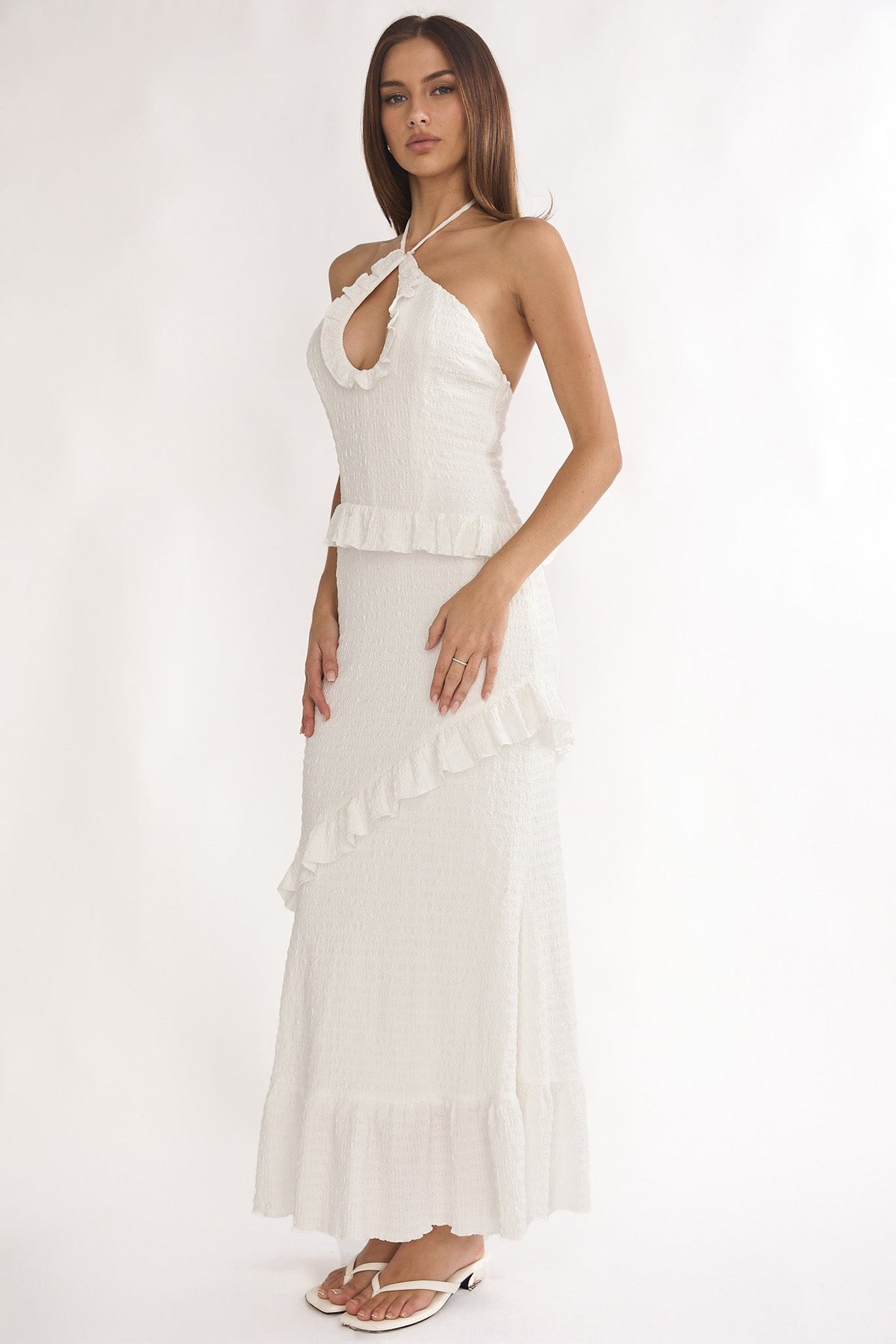 Clemence Smocked Frill Trim Maxi Dress White