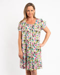 Cap Sleeve Summer Dress in Green Pink Garden