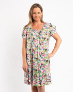 Cap Sleeve Summer Dress in Green Pink Garden