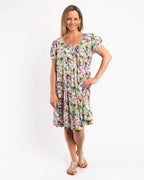 Cap Sleeve Summer Dress in Green Pink Garden