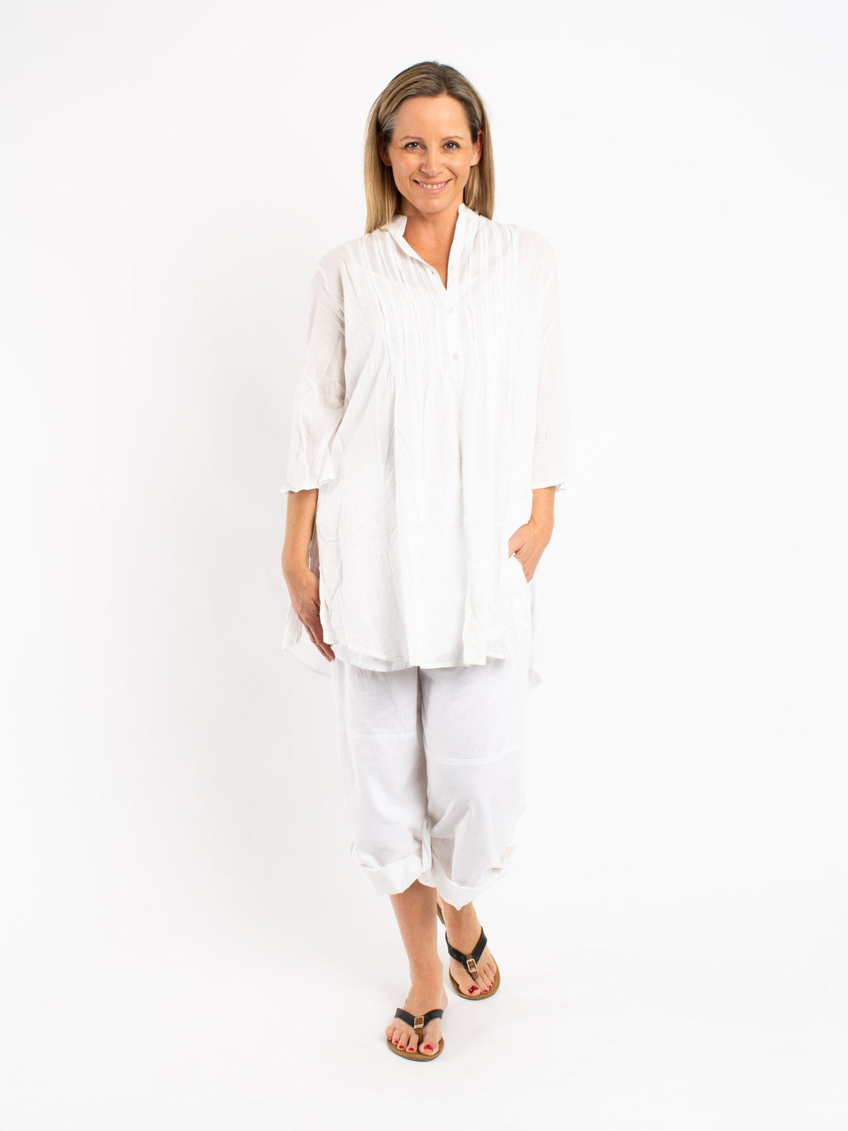 Long Pleated Shirt in Off-white