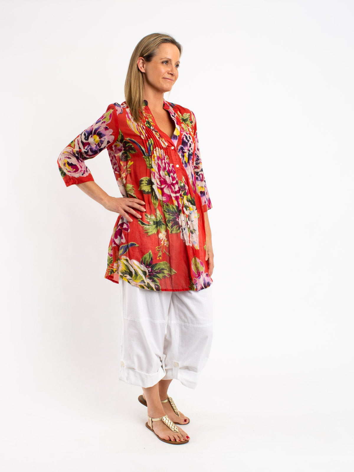 Long Pleated Shirt in Orange Red