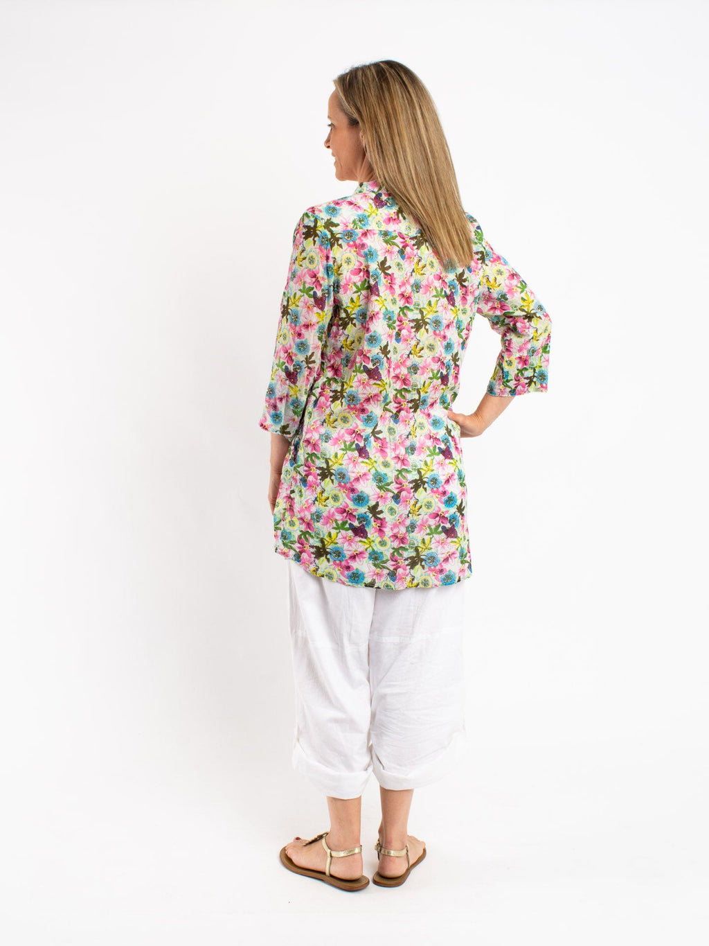 Long Pleated Shirt in Green Pink Garden