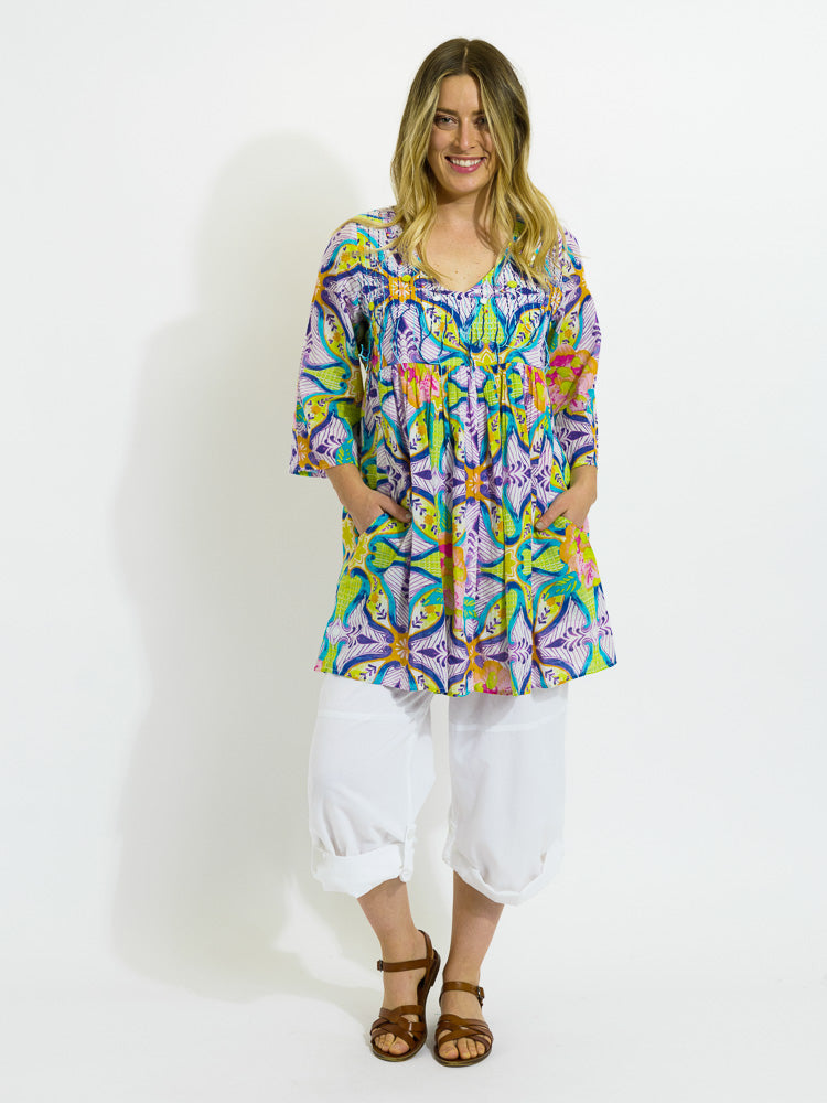 Billinudgel Dress in Lime Purple Swirl