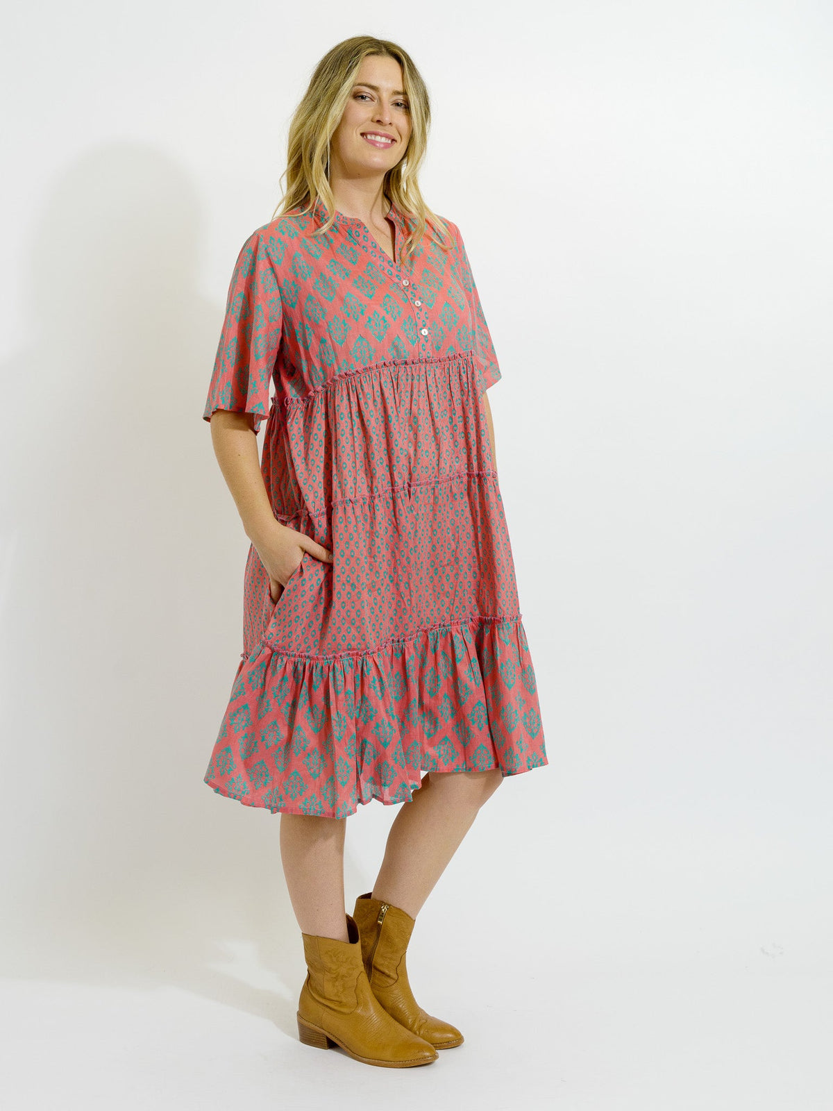 Castaway Dress in Green Diamonds on Pink