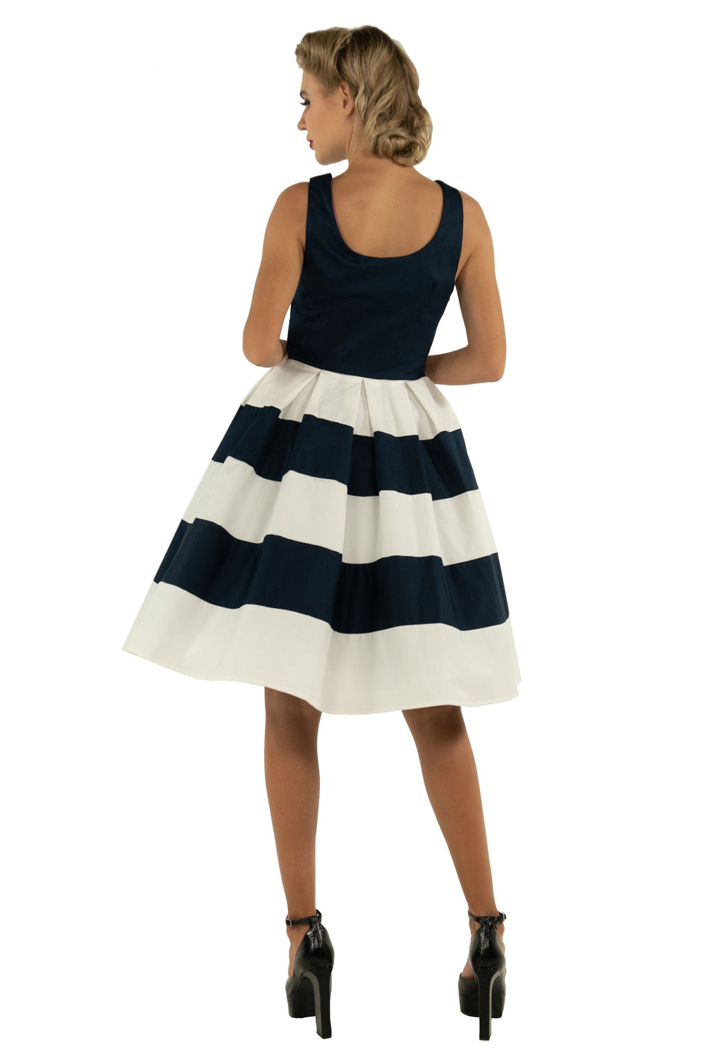 Anna Nautical Striped 50s Swing Dress in Navy