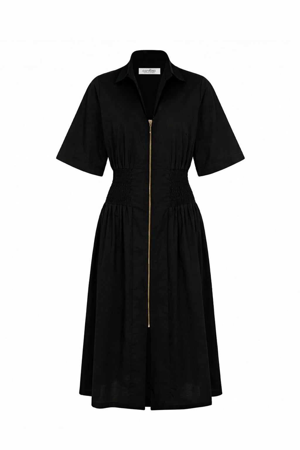 Laura Short Sleeve Smocked Waist Zip Front Midi Dress Black