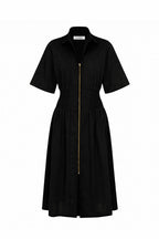 Laura Short Sleeve Smocked Waist Zip Front Midi Dress Black