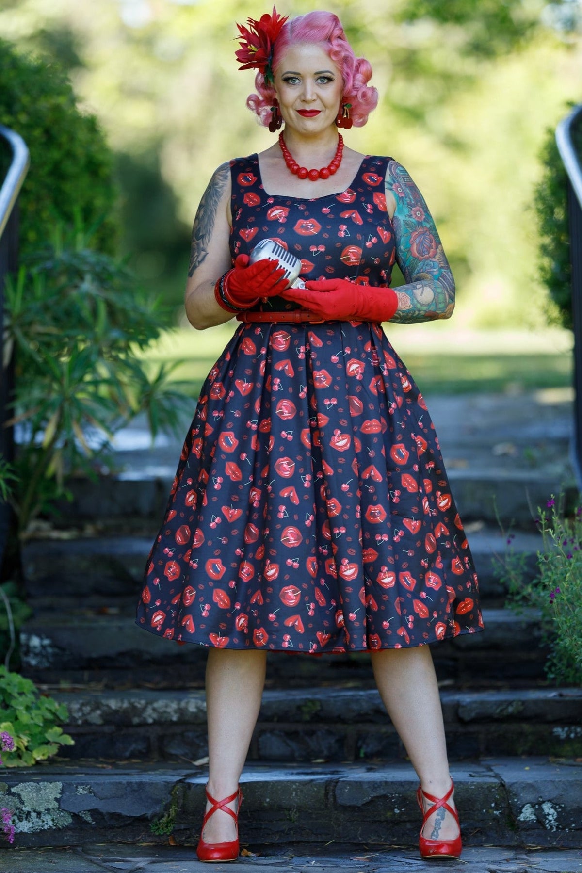 Amanda Pin Up Lip & Cherry Swing Dress