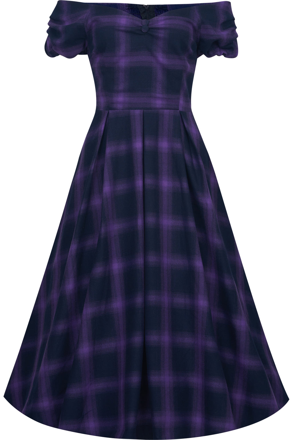 Lily Purple Tartan Check Off-Shoulder Swing Dress