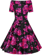 Darlene Retro Black-Pink Roses Swing Dress