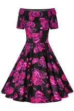 Darlene Retro Black-Pink Roses Swing Dress
