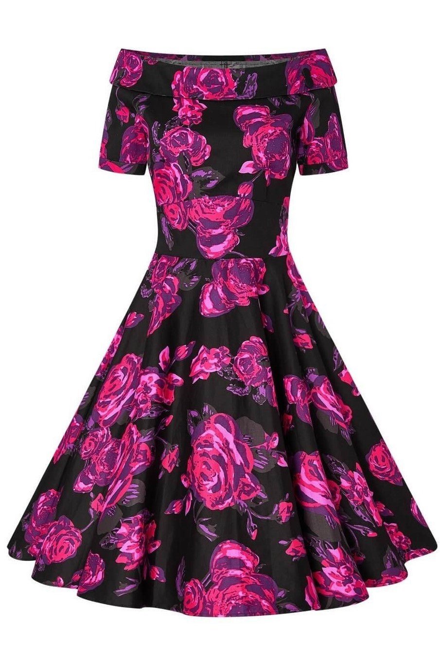 Darlene Retro Black-Pink Roses Swing Dress