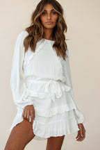 Dusk Long Sleeve Waist Tie Frill Dress White