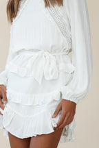 Dusk Long Sleeve Waist Tie Frill Dress White