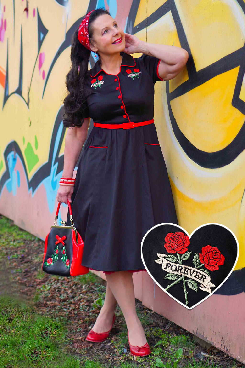 Mabel Rockabilly Shirt Dress With Rose Embroidery