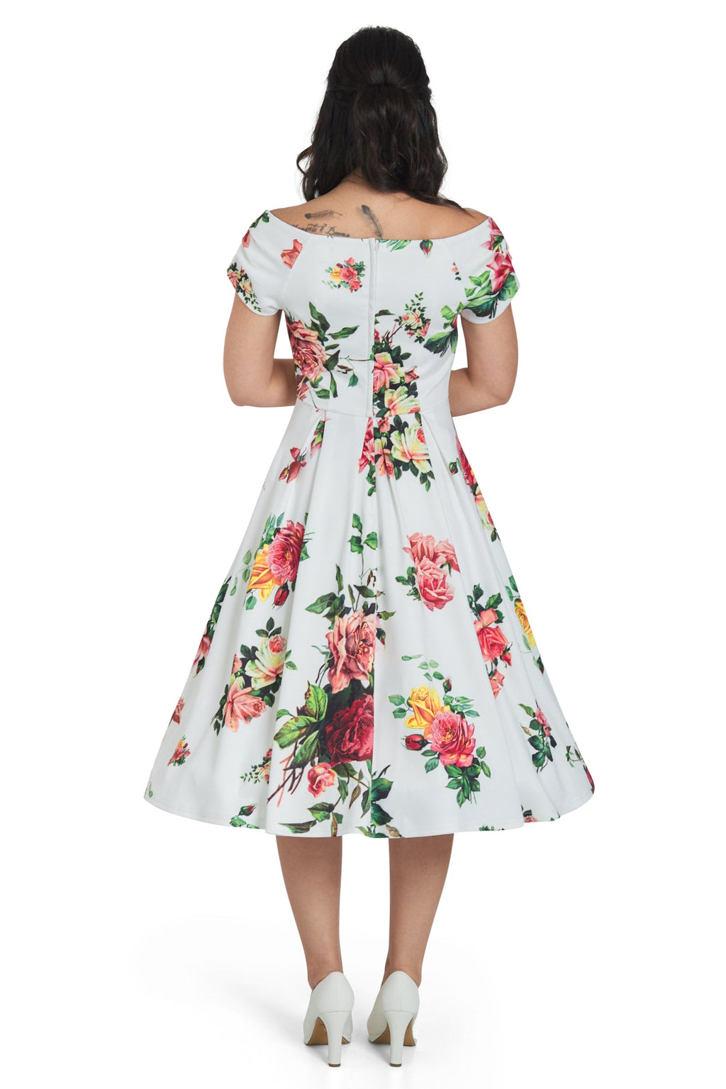 Lily Off Shoulder Rose Swing Dress In White