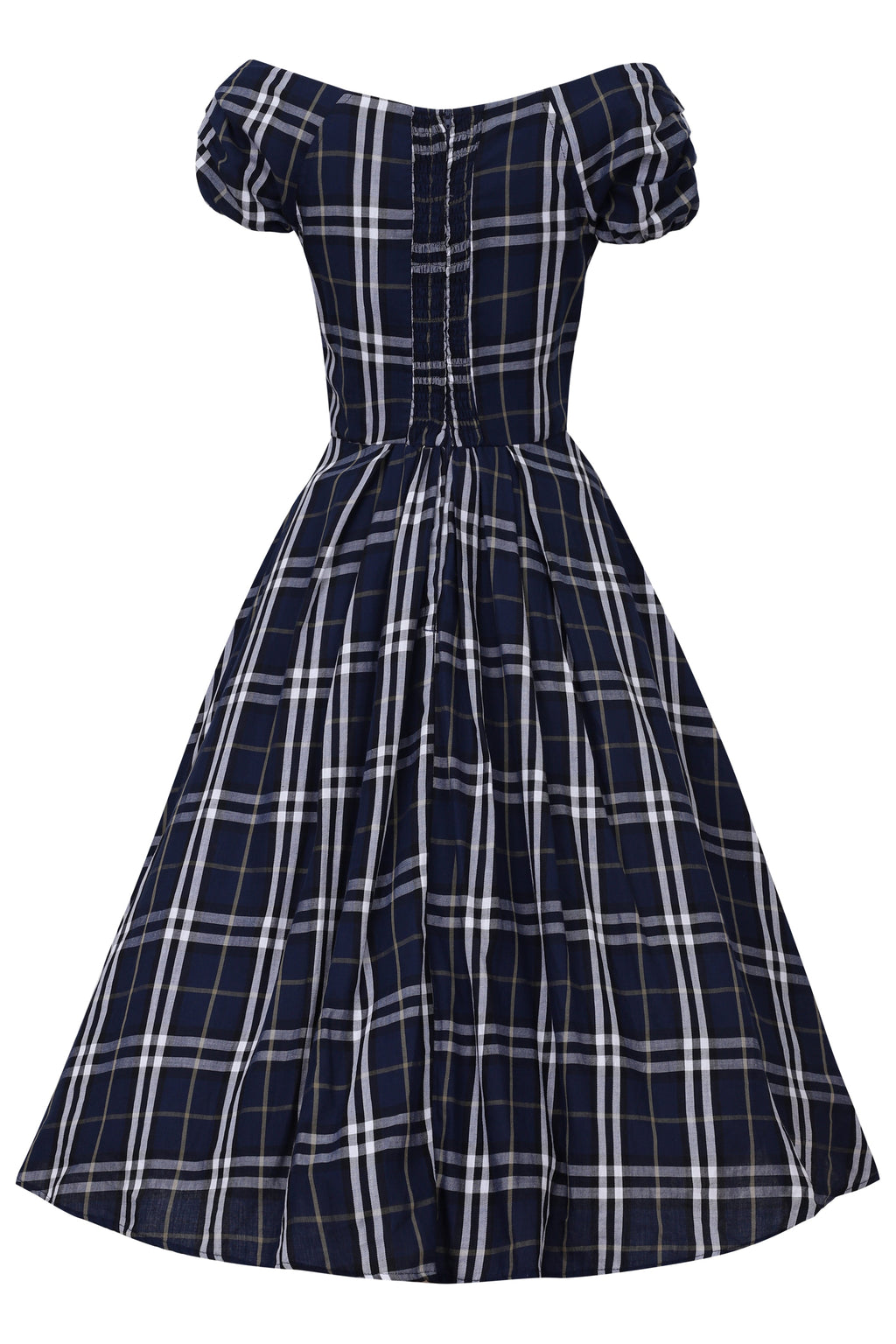 Lily Dark Blue Tartan Off Shoulder Swing Dress