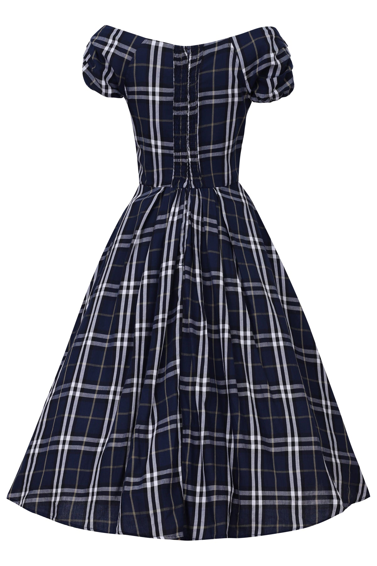 Lily Dark Blue Tartan Off Shoulder Swing Dress