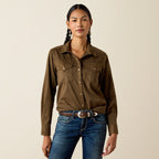 Ariat Women's Autumn Drift Olive Suede Pearl Snap Long Sleeve Western Shirt 10079318