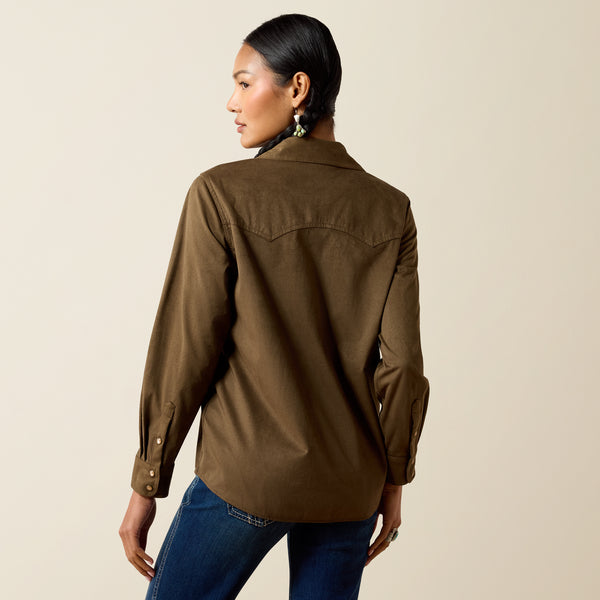 Ariat Women's Autumn Drift Olive Suede Pearl Snap Long Sleeve Western Shirt 10079318