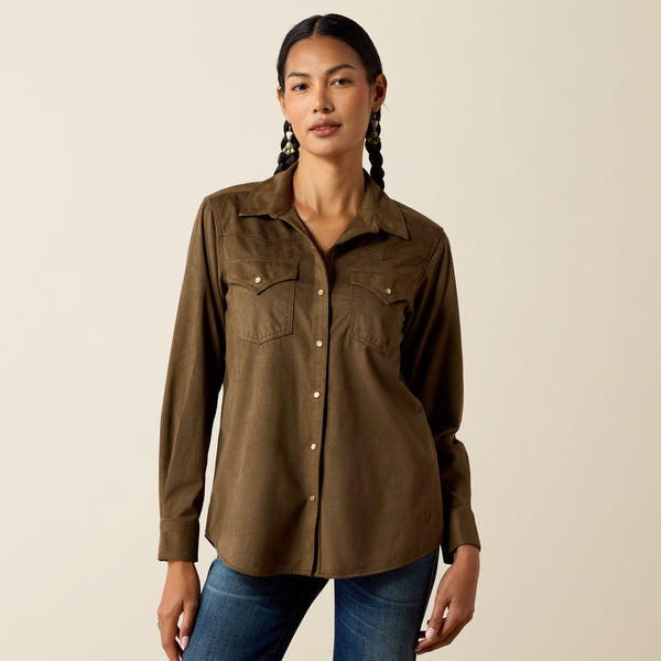 Ariat Women's Autumn Drift Olive Suede Pearl Snap Long Sleeve Western Shirt 10079318