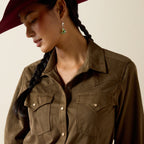 Ariat Women's Autumn Drift Olive Suede Pearl Snap Long Sleeve Western Shirt 10079318