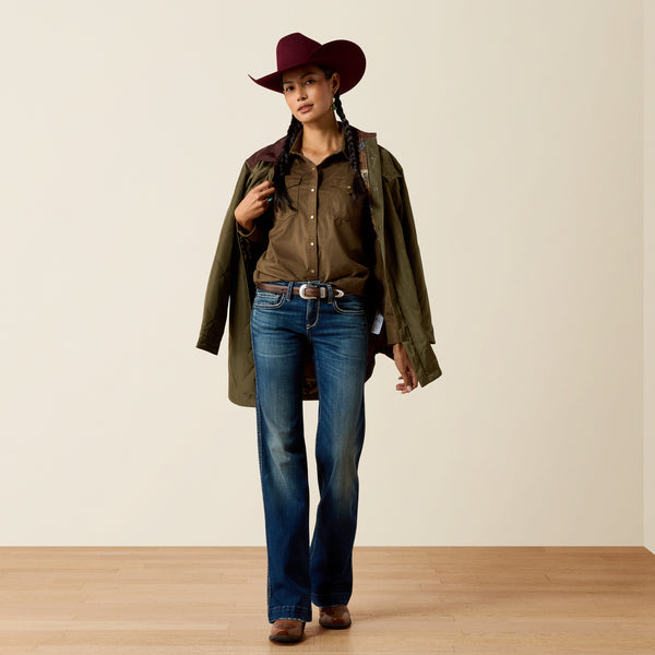 Ariat Women's Autumn Drift Olive Suede Pearl Snap Long Sleeve Western Shirt 10079318