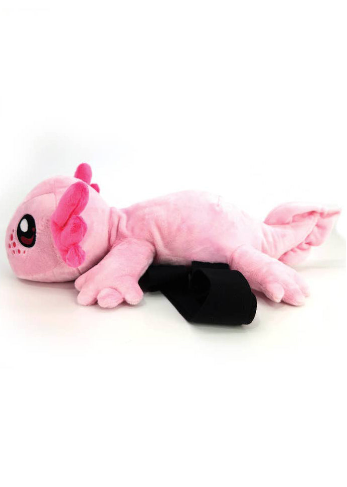 Sleepyville Critters Axolotl Plush Sling Backpack in pink with 3D axolotl plush on kawaii rave festival sling backpack — side view