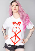 Bioworld Berserk Brand of Sacrifice T-Shirt in white with Brand of Sacrifice and Berserk logo front graphic on rave anime tee — front model view
